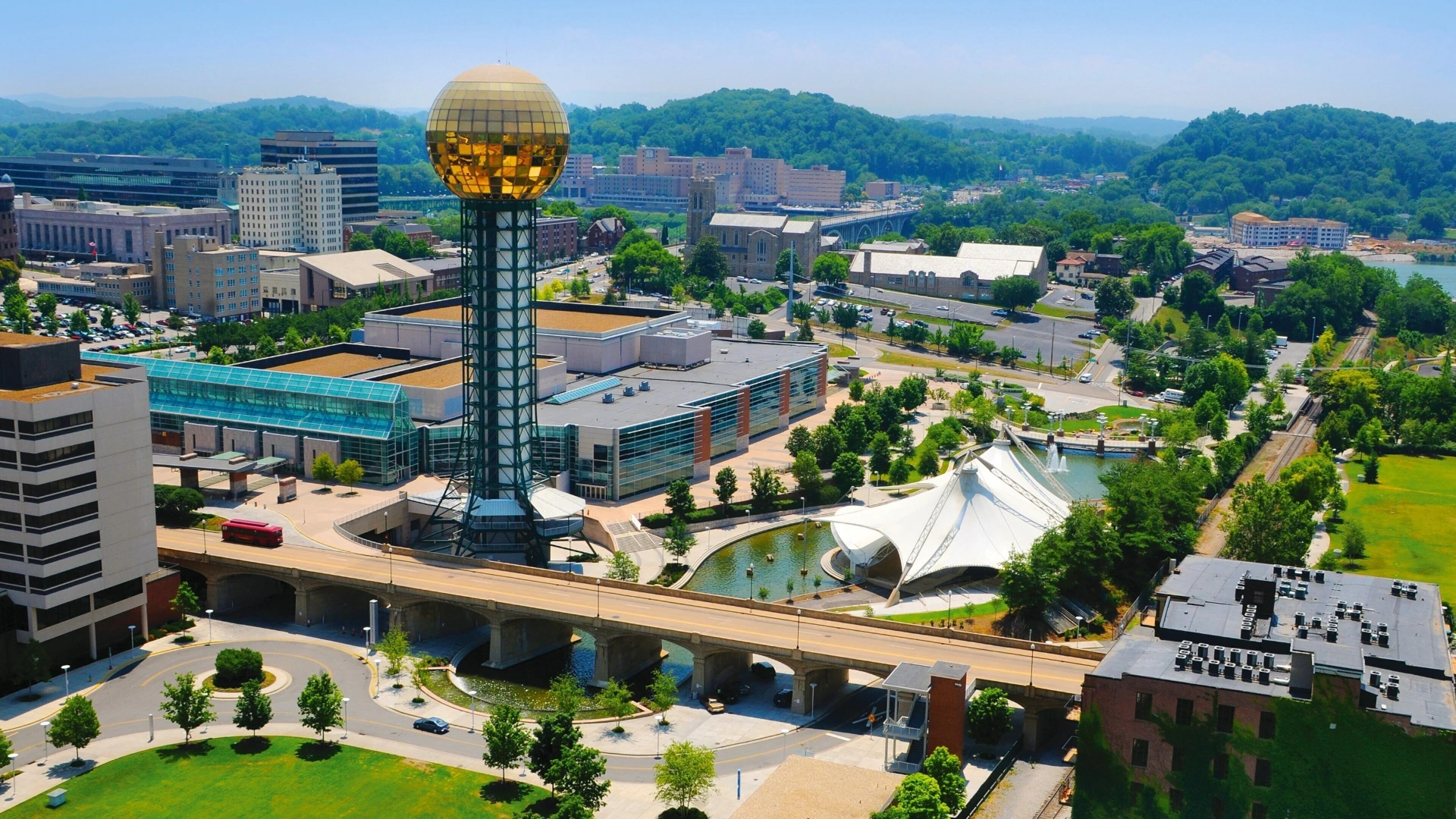 Aerial view of downtown Knoxville, Tennessee featuring the Sunsphere and World's Fair Park