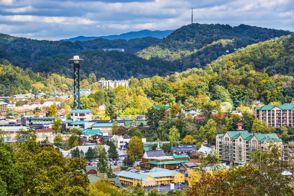 Gatlinburg and the Smoky Mountains as seen from Sevierville, Tennessee with fall foliage